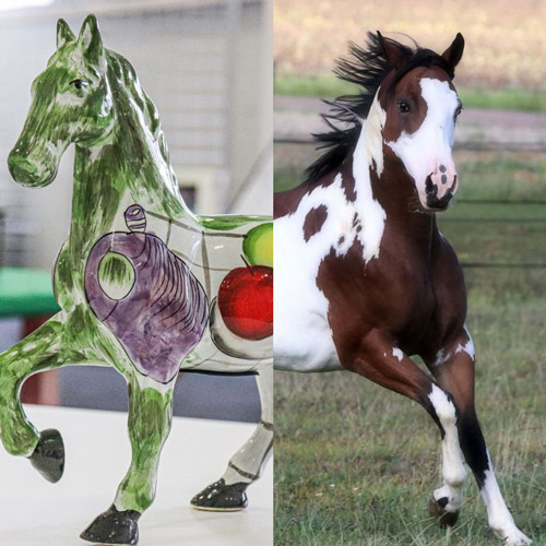 A ceramic spotted horse with fruit A ceramic spotted horse with fruit